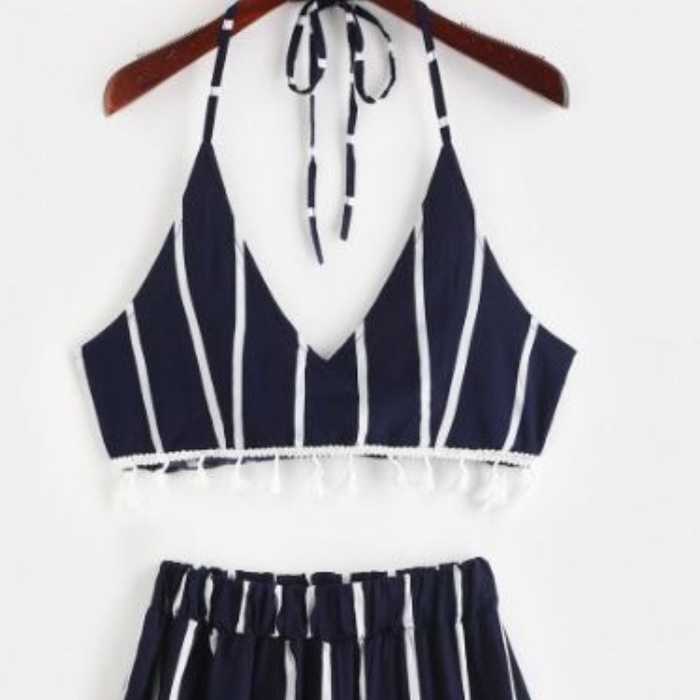Striped halter Crop Top Shorts Two Piece Set